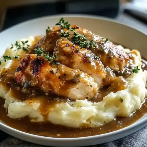 Chicken and Garlic Gravy with Cheesy Mashed Potatoes