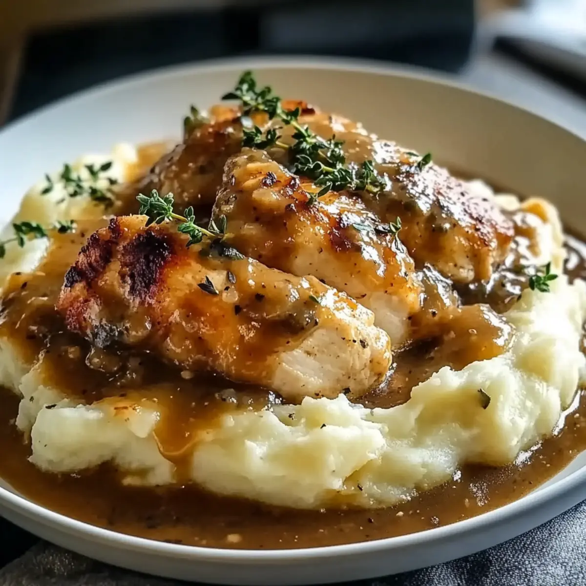 Chicken and Garlic Gravy with Cheesy Mashed Potatoes