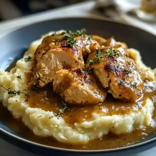 Chicken and Garlic Gravy with Cheesy Mashed Potatoes