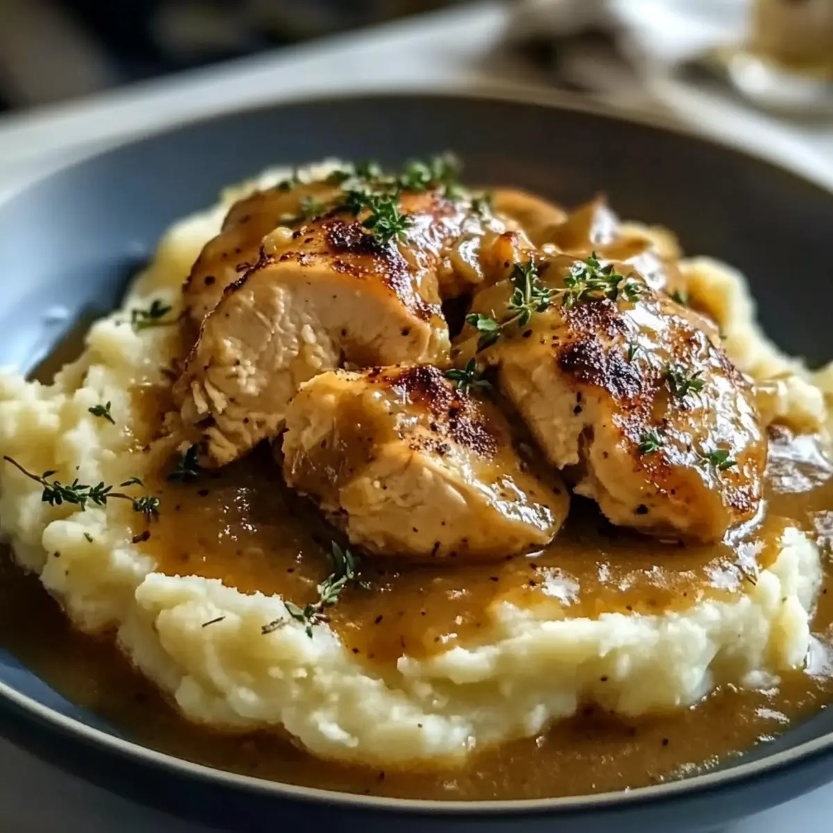 Chicken and Garlic Gravy with Cheesy Mashed Potatoes