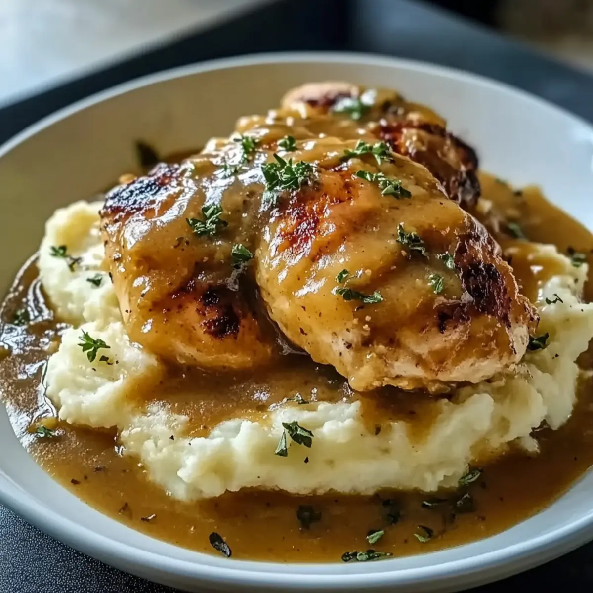 Chicken and Garlic Gravy with Cheesy Mashed Potatoes